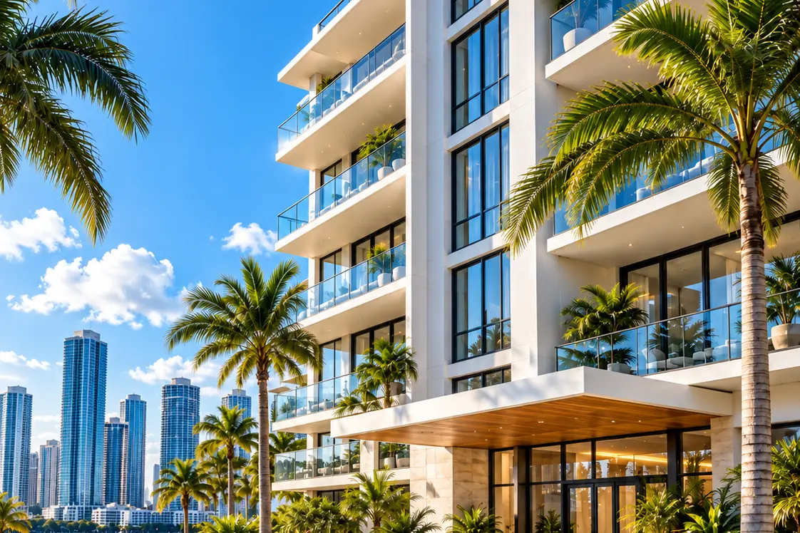 A modern white condominium with glass balconies and palm trees on a sunny day